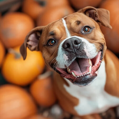 A joyful dog sits cheerfully in a pile of pumpkins